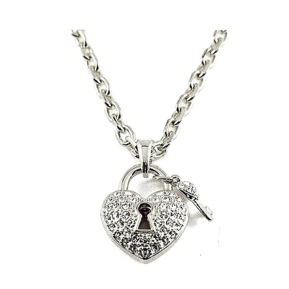 18" Heart & Key Pave Clear Crystal Silvertone Chain Link Charm Keyhole Necklace - Picture 1 of 3
